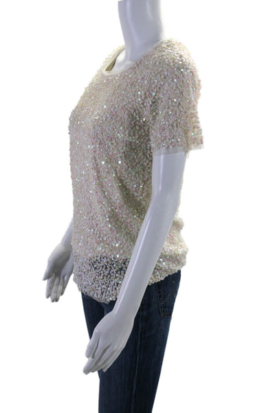 Gryphon New York Womens Sequin Round Neck Short Sleeve Blouse Top White Size XS