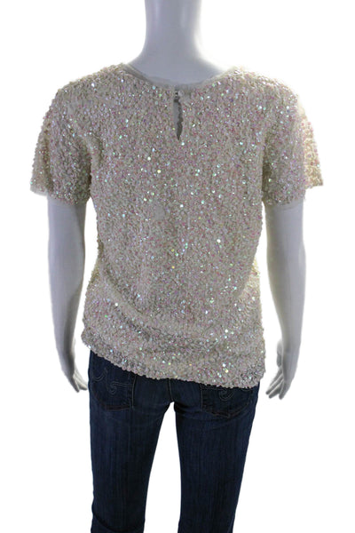 Gryphon New York Womens Sequin Round Neck Short Sleeve Blouse Top White Size XS