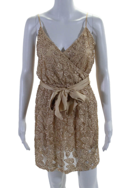 Halston Heritage Womens Cotton Blend Beaded Sleeveless Mini Dress Beige Size 0