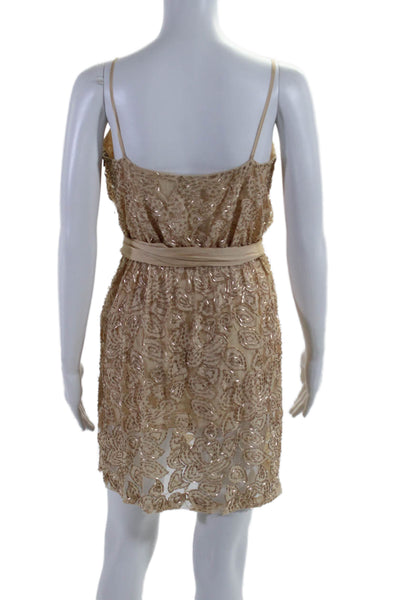 Halston Heritage Womens Cotton Blend Beaded Sleeveless Mini Dress Beige Size 0