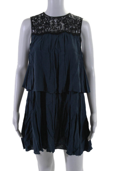 Rachel Zoe Womens Pleated Lace Panel Round Neck Sleeveless Dress Blue Size 2