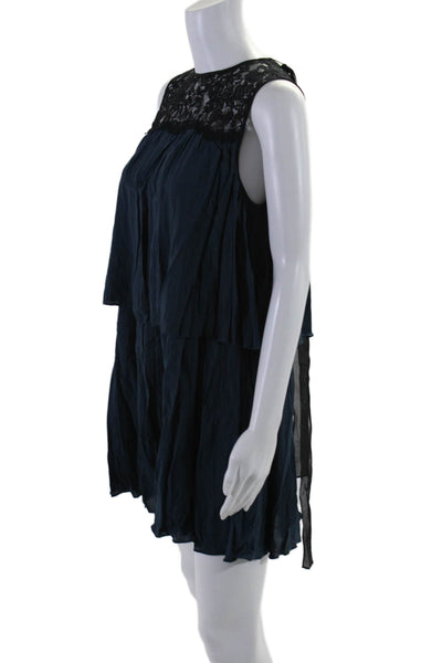 Rachel Zoe Womens Pleated Lace Panel Round Neck Sleeveless Dress Blue Size 2