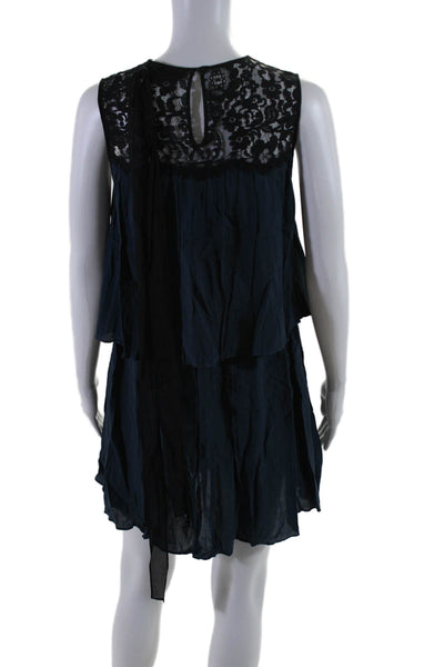 Rachel Zoe Womens Pleated Lace Panel Round Neck Sleeveless Dress Blue Size 2