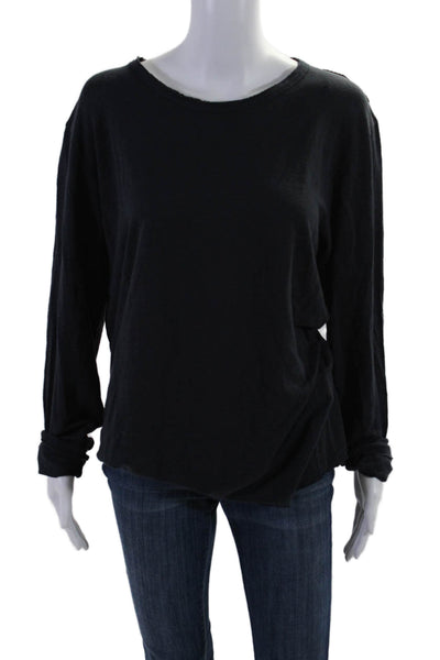 IRO Womens Long Sleeve Scoop Neck Linen Tee Shirt Navy Blue Size Small