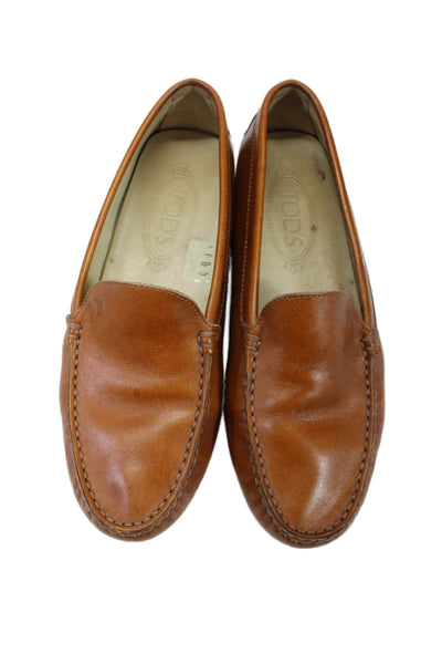 Tods Womens Slip On Round Toe Loafers Brown Leather Size 7