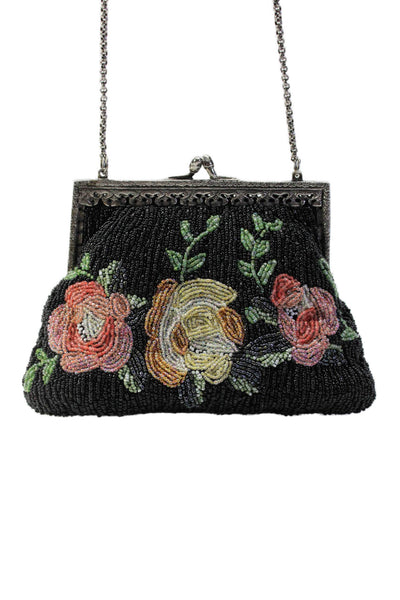 Designer Womens Framed Floral Beaded Vintage Evening Pouch Handbag Black