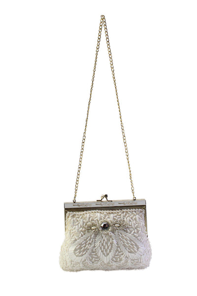 Designer Womens Chain Strap Beaded Crystal Framed Vintage Pouch Handbag White