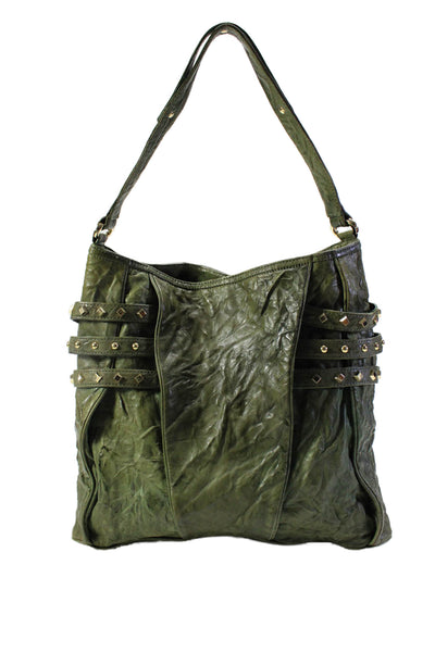 Treesje Womens Double Handle Triple Studded Strap Leather Tote Handbag Green