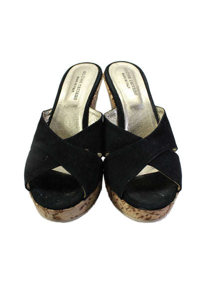 Andrea Carrano Womens Suede Open Toe Slide On Wedge Sandals Black Size 37 7