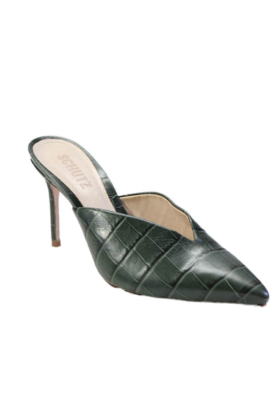 Schutz Womens Textured Pointed Toe Slide On Mules Heels Green Size 6.5B