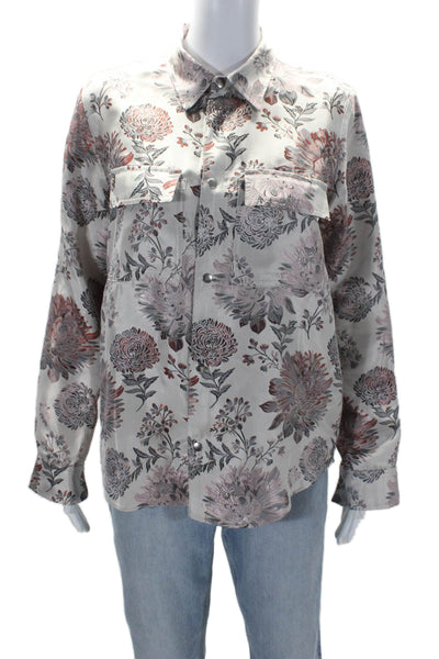 Reality Studio Womens Textured Floral Print Snap Buttoned Shirt Beige Size M