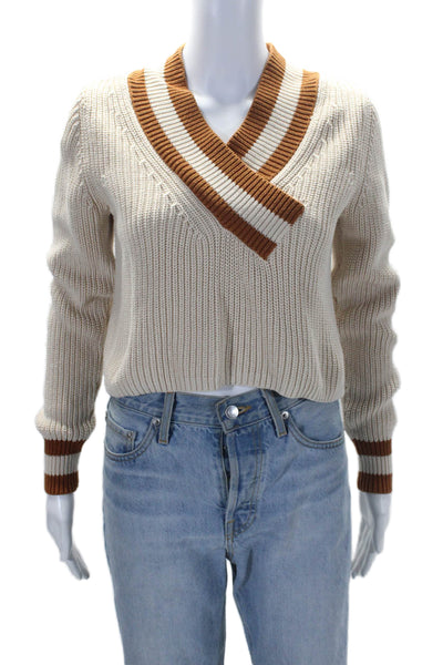 525 Womens Cotton Striped Hem Knitted  Long Sleeved Crop Top Beige Size XS