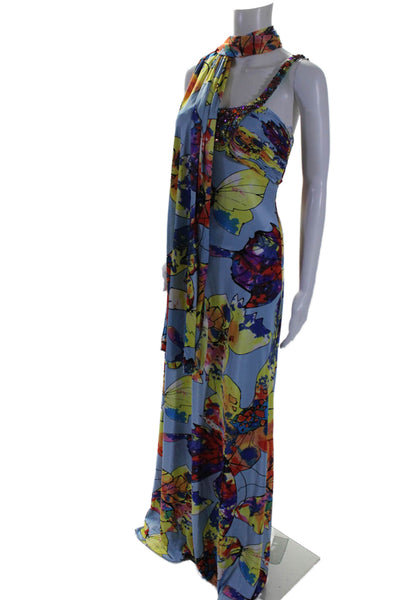 Beyond Womens Satin Textured Beaded Sweetheart Neckline Graphic Print Gown Blue