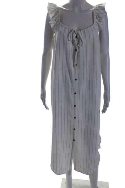 Hatch Womens Button Front Sleeveless Pinstriped Midi Dress White Blue Size 2