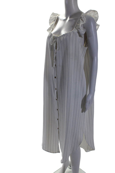 Hatch Womens Button Front Sleeveless Pinstriped Midi Dress White Blue Size 2