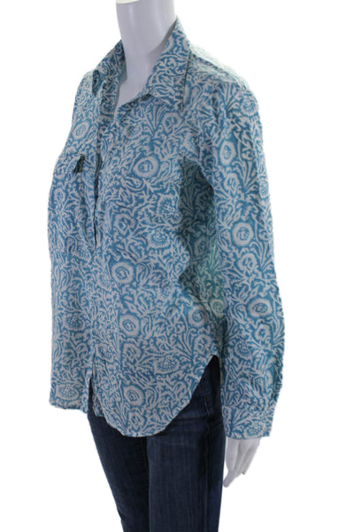 Roberta Roller Rabbit Womens Cotton Abstract Button Up Blouse Top Blue Size XS