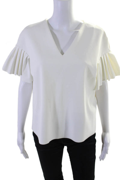 Chiara Boni La Petite Robe Womens V Neck Pleated Short Sleeve Top White Size 44