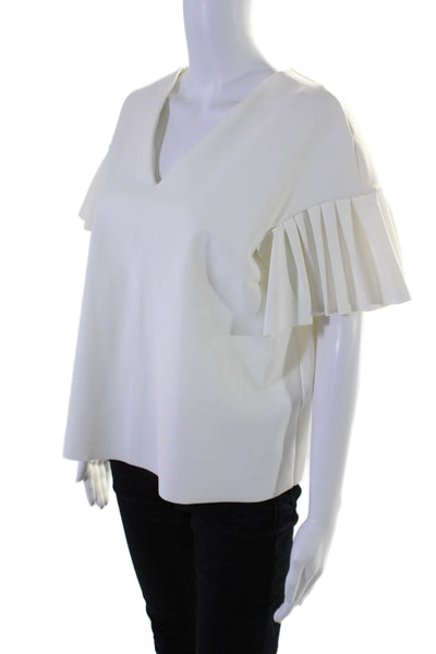 Chiara Boni La Petite Robe Womens V Neck Pleated Short Sleeve Top White Size 44