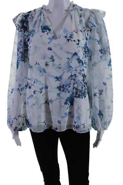 Willa Story Women's Round Neck Ruffle Long Sleeves Floral Blouse Size L