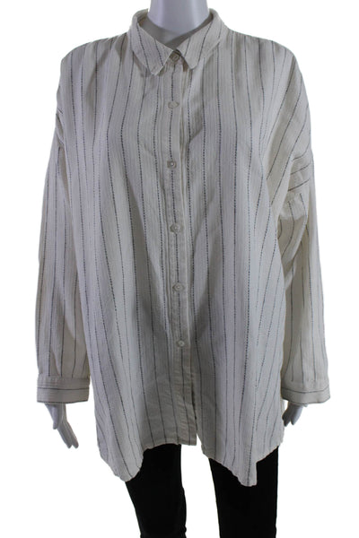 Eileen Fisher Womens Long Sleeve Striped Button Down Top White Size L/XL