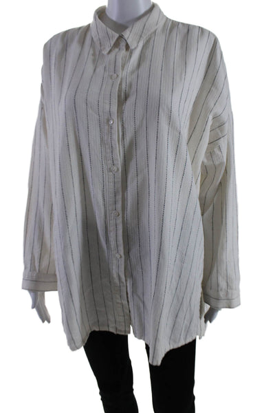 Eileen Fisher Womens Long Sleeve Striped Button Down Top White Size L/XL