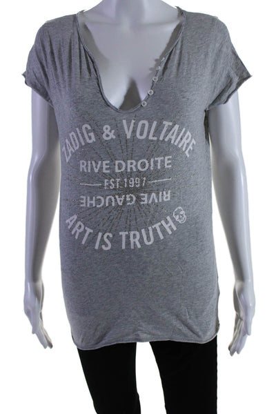 Zadig & Voltaire Womens 1/2 Button V Neck Graphic T Shirt Gray Size Small