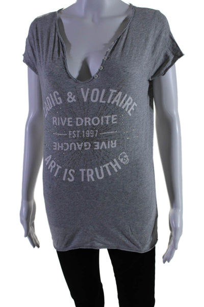 Zadig & Voltaire Womens 1/2 Button V Neck Graphic T Shirt Gray Size Small