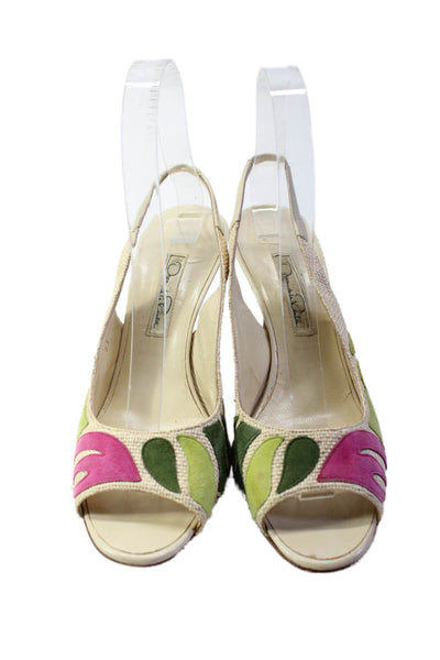 Oscar de la Renta Womens Stiletto Raffia Slingback Sandals White Green Size 37