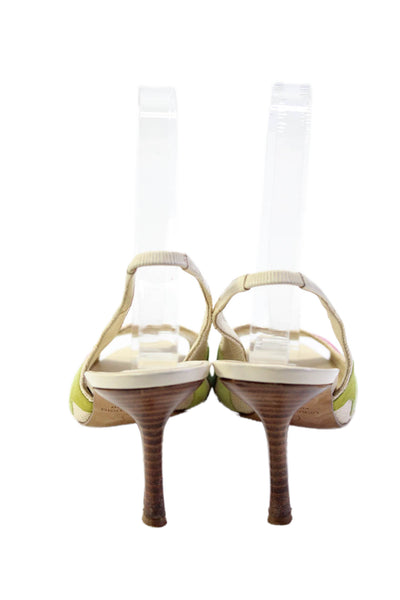 Oscar de la Renta Womens Stiletto Raffia Slingback Sandals White Green Size 37