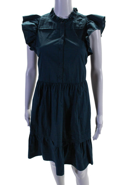 Sea New York Womens Cotton Pleated Ruffle Button Up A Line Dress Blue Size S