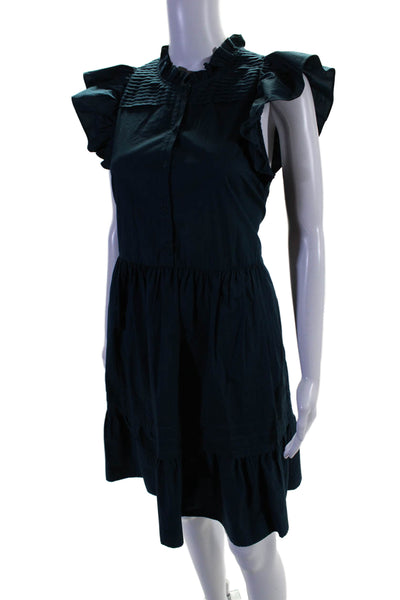 Sea New York Womens Cotton Pleated Ruffle Button Up A Line Dress Blue Size S