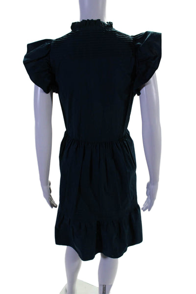 Sea New York Womens Cotton Pleated Ruffle Button Up A Line Dress Blue Size S