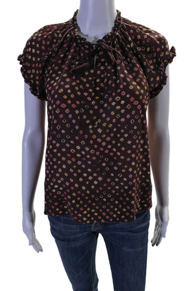 Ulla Johnson Women's Round Neck Short Sleeves Silk Tassel Blouse Brown Size 0