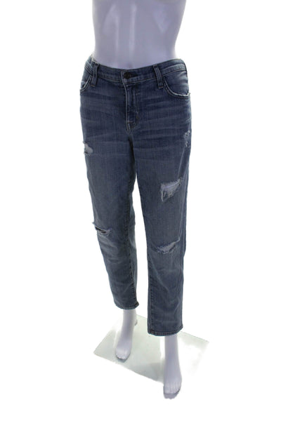 Current/Elliott Womens High Rise Distressed Straight Leg Jeans Blue Size 28