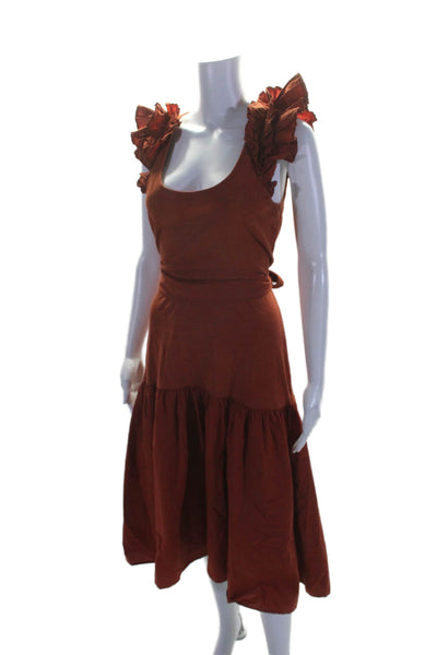 Nation LTD Womens Cotton Scoop Neck Tie Waist Ruffle Dress Burnt Orange Size S