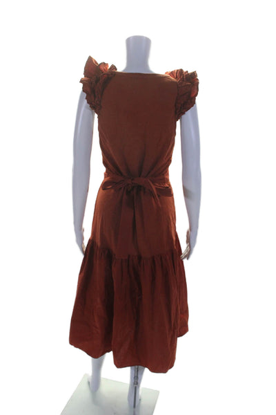 Nation LTD Womens Cotton Scoop Neck Tie Waist Ruffle Dress Burnt Orange Size S