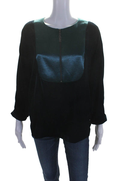 T Tahari Womens Velvet Round Neck Long Sleeve Half Zip Blouse Top Navy Size XS