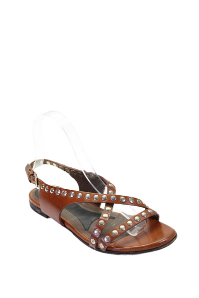 Marni Women's Open Toe Studs Ankle Buckle Leather Flat Sandals Brown Size 8