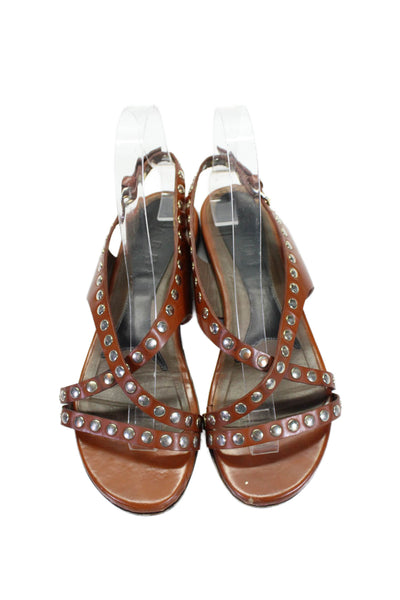 Marni Women's Open Toe Studs Ankle Buckle Leather Flat Sandals Brown Size 8