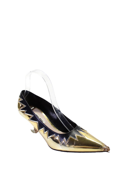 Miu Miu Women's Pointed Toe Kitten Heels Work Shoe Black Gold Size 37