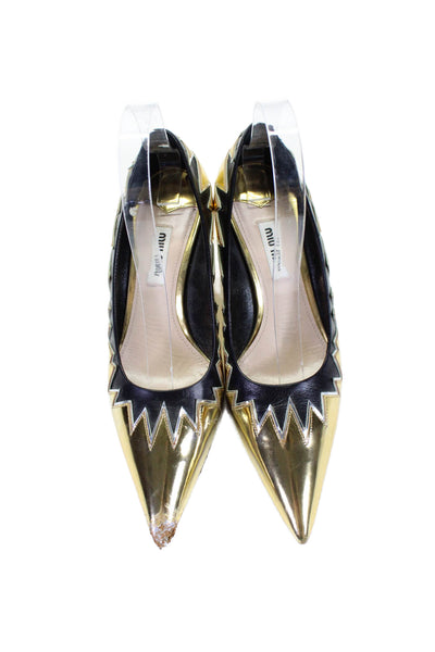 Miu Miu Women's Pointed Toe Kitten Heels Work Shoe Black Gold Size 37