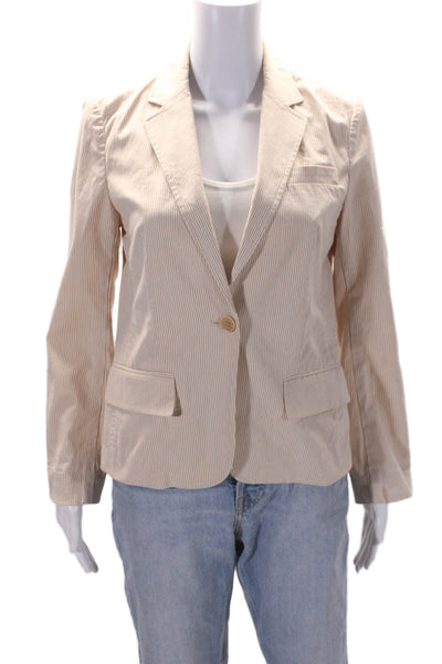 Theory Womens Cotton Beige Striped One Button Long Sleeve Blazer Size 4