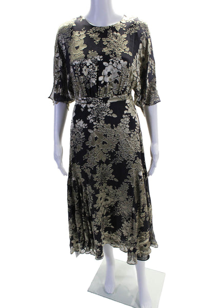 Warm Womens Silk Floral Print Short Sleeves A Line Maxi Dress Purple Gold Size 0