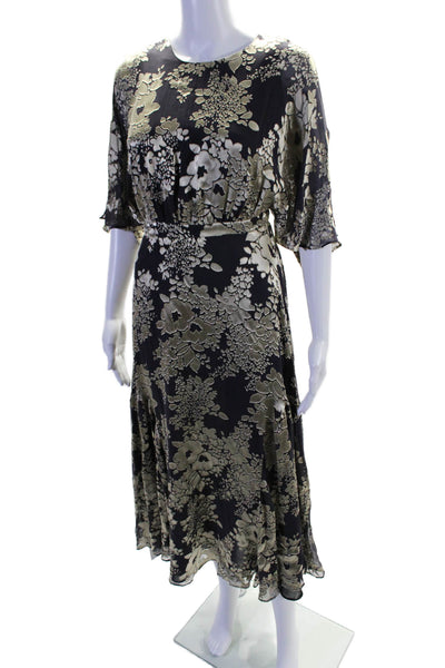 Warm Womens Silk Floral Print Short Sleeves A Line Maxi Dress Purple Gold Size 0