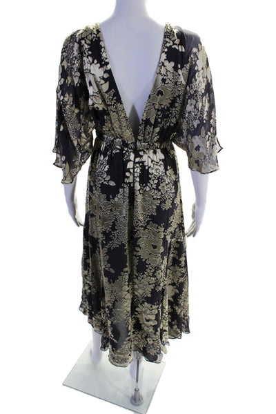 Warm Womens Silk Floral Print Short Sleeves A Line Maxi Dress Purple Gold Size 0