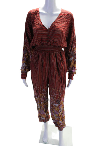 Anthropologie Womens V Neck Long Sleeve Striped Floral Jumpsuit Red Size XS