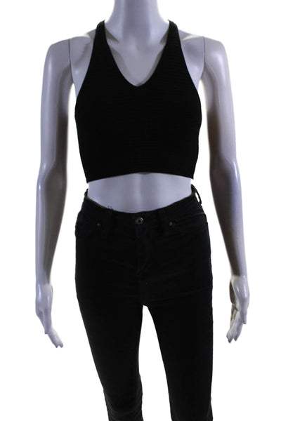 Adam Selman Womens Stretch Knit Ribbed V-neck Cropped Tank Top Black Size XS