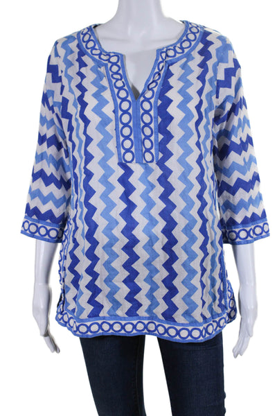 Gretchen Scott Womens 3/4 Sleeve V Neck Chevron Tunic Top White Blue Size Medium