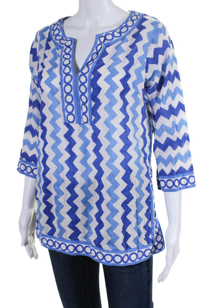 Gretchen Scott Womens 3/4 Sleeve V Neck Chevron Tunic Top White Blue Size Medium