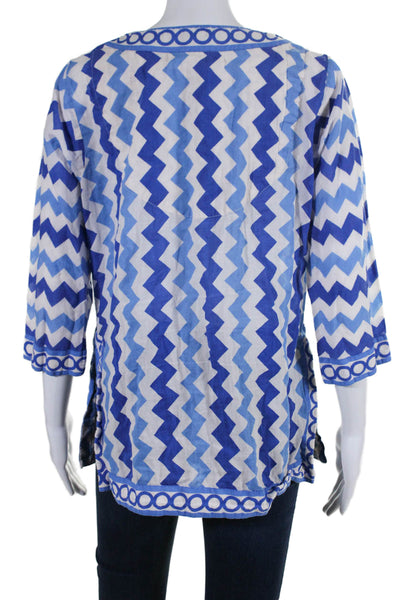 Gretchen Scott Womens 3/4 Sleeve V Neck Chevron Tunic Top White Blue Size Medium